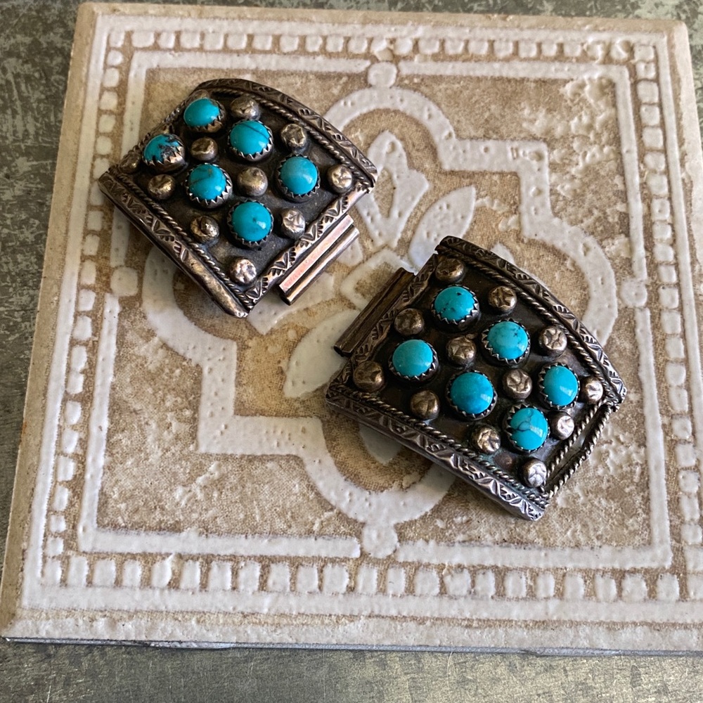 Native American turquoise & sterling silver watch Tips signed